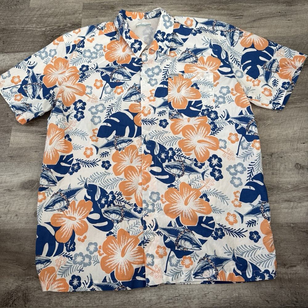 Columbia PFG Fishing Shirt Men Large Floral Bahama II Short Sleeve Cotton Vented